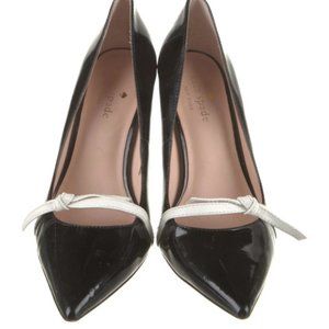 Kate Spade New York Sz 6 Pump High Heel Shoe Patent Leather Point Toe White Bow